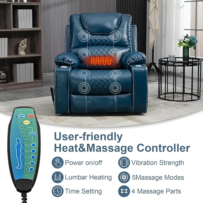 Oversized Power Lift Recliner Chair for Big and Tall Elderly 25 Extra Wide Electric Recliner Chair Living Room Sofa with Massage Heating Dual Motor Leather Home Theater Seat Blue