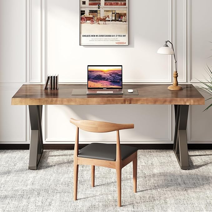Solid Wood Desk 55 inches Home Office Computer Desk Wooden Rustic Writing Desk Metal Modern Simple Design Executive Real Wood Desk(Rustic Brown)