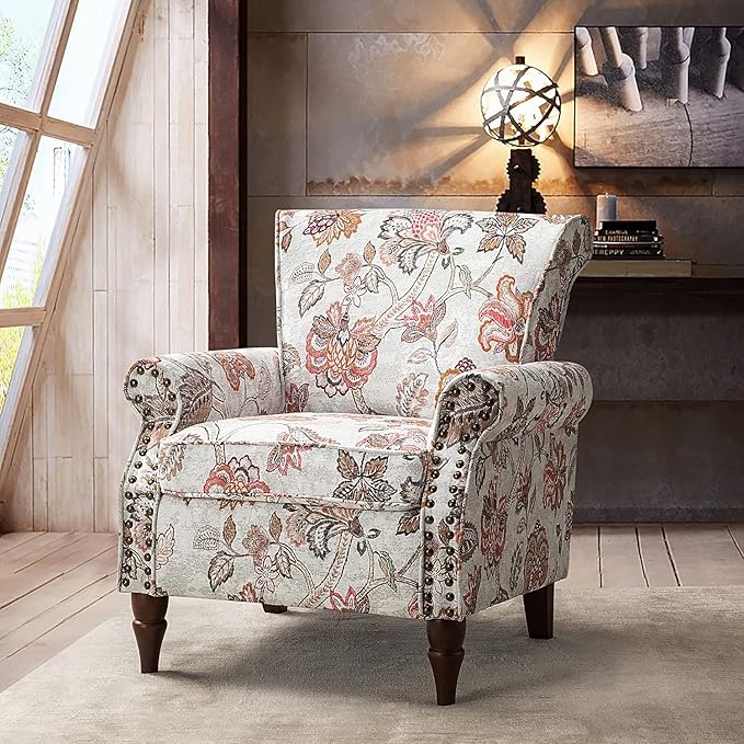 HULALA HOME Modern Wingback Accent Chair with Wood Legs &amp Removable Cushion Comfy Upholstered Armchair with Nailhead Trim Floral Pattern Single Sofa Chair for Living Room Bedroom Pink