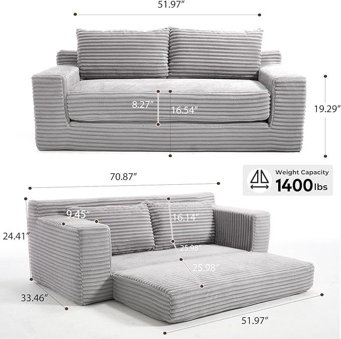 2 in 1 Convertible Sleeper Sofa Bed 72 Corduroy Loveseat Sofa w/ 2 Pillows Oversized Chaise Lounge Chair Indoor Pull Out Couch Bed for Small Spaces/Living Room/Bedroom No Assembly (Light Gray)
