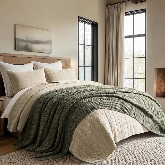 EVERGRACEHOME Chunky Chenille Knit Throw Blanket for Couch Soft Luxurious Oversized King Moss Stitch Blanket for Bed Large Cozy Farmhouse Knitted Throw for Sofa Olive Green 92 x 108