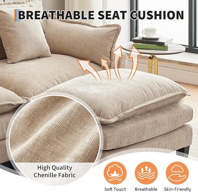 112 Modular Sectional Sofa L-Shape Cloud Couch/Deep Seat/Armrest/Plush Corduroy Fabric No Assembly Required Space-Saving 170 Pounds Chenille Combo Set with 1 Footstool for Living Room