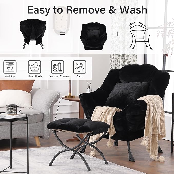 Lazy Chair with Ottoman Large Black Accent Chair with Ottoman and FA Throw Pillow Comfy Plush Reading Chair for Living Room Bedroom Dorm Room Office Apartment Relaxing Use