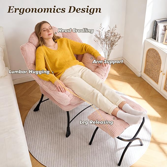 QQU Lazy Chair with Ottoman Corduroy Lounge Armchair Reading Chair with Footrest for Living Room Balcony Study (Pink)