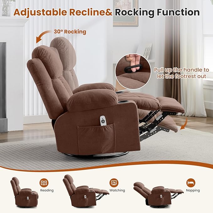 Swivel Rocker Recliner Chair with Vibration Massage and Heat for Living Roomwith Rocking Function and Side Pocket USB Charge Port2 Cup Holders
