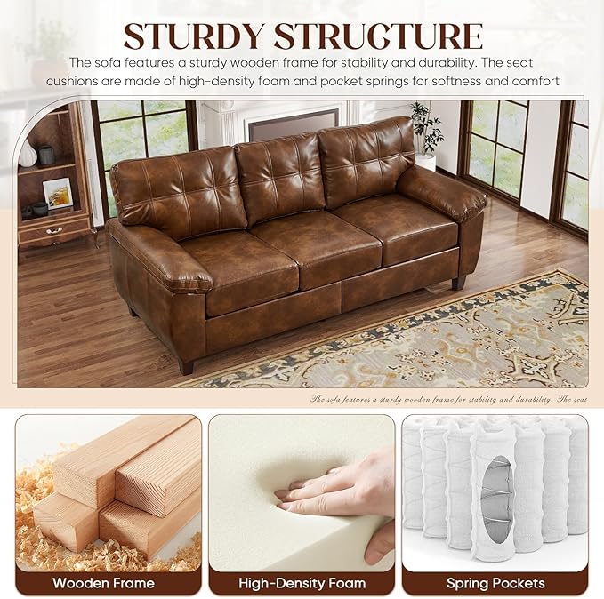 79 W Faux Leather Sofa Couch with Hidden Storage &amp Tufted Backrest Upholstered Mid Century Modern Couch Deep Seat Comfy Chesterfield Sofa for Living Room Bedroom Office(3 Seater Brown)