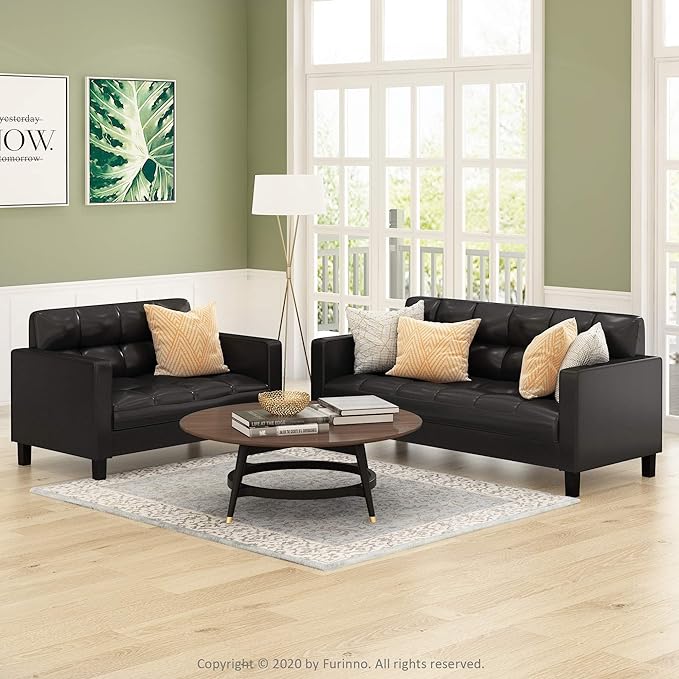 Furinno Brive Contemporary Tufted Faux Leather Loveseat/Sofa Couch for Living Room Black Faux Leather
