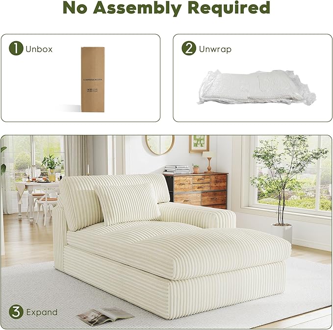 Oversized Chaise Lounge Sofa Chair IndoorSoft Corduroy Fabric Boneless sofawith CushionA Comfortable deep-Seated Cloud Sofa for use in The Living Room.(Singler-Right-arm-White)