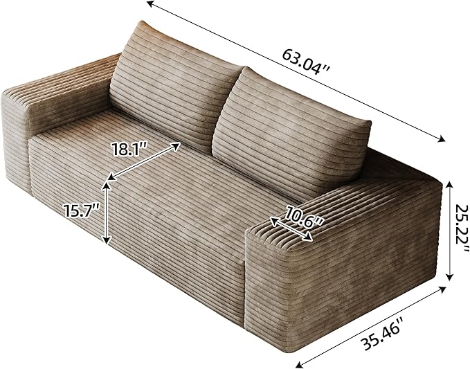 KEIKI 63 Corduroy Loveseat Sofa Deep Seat 2-Seater Couch with Adjustable Arms Comfy Cushions Modern Upholstered Love Seat for Small Spaces No Assembly Required Camel