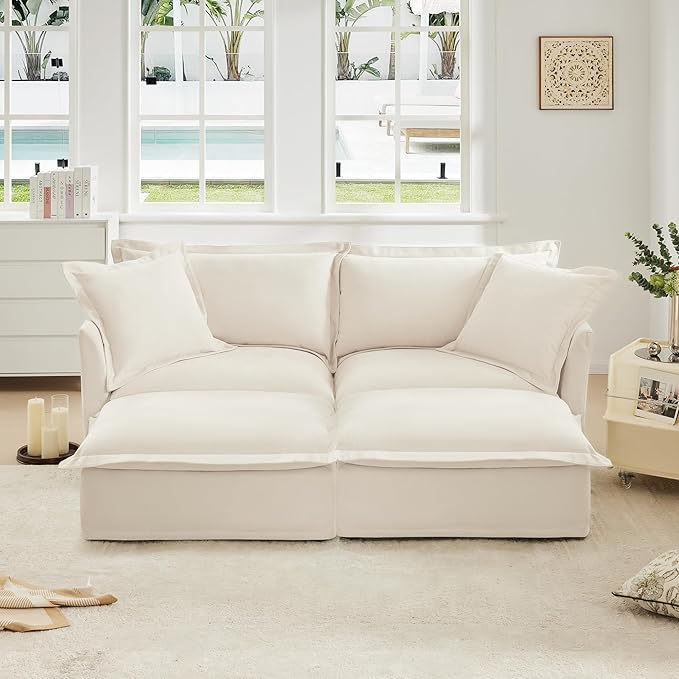 Aoowow Oversized Modular Sectional Sofa83.4”Corduroy 2-Seat Sofa Couch with 2 Movable Ottomans Upholstered Deep Seat Couches with Big Toss Pillows for Living Room Apartment OfficeCream-Chenille