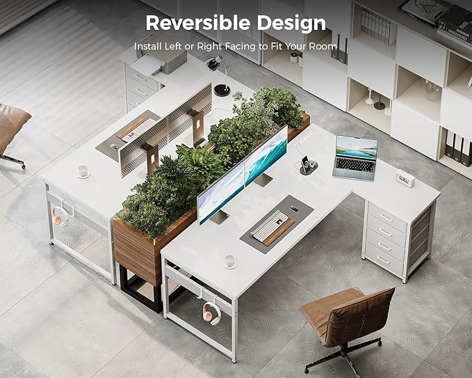 AODK L Shaped Gaming Desk with 4 Drawers 61 Reversible Home Office Desks with Power Outlets L Shaped Computer Desk with USB Charging Port and Host Stand Corner Desk Easy to Assemble White