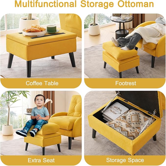 ELUCHANG Accent Chairs with Ottoman Upholstered Comfy Armchair with Adjustable Backrest&ampStorage Footrest Lazy Chair Reading Chair Leisure Sofa Recliner for Living Room Bedroom (Yellow - Linen)