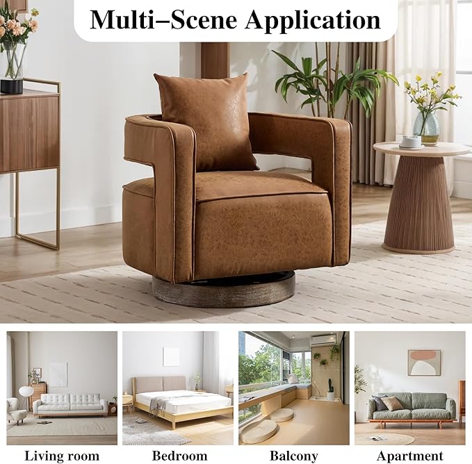 Mlmh &amp Kngwa 29 W Swivel Accent Barrel Chair Set of 2 Mid Century Modern PU Leather Round Arm Chair for Living Room BedroomBrown