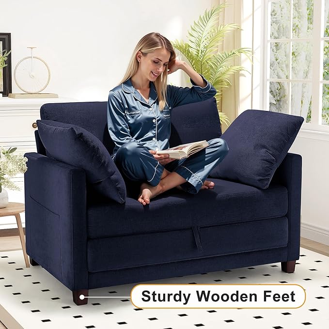 51 Convertible Sofa Bed 2 in1 Folding Sofa Bed Loveseat Sleeper Sofa for Small Spaces Fold Out Floor Couch with 2 Pillows for Apartment Living Room &amp Guest Room Deep Blue Chenille Fabric