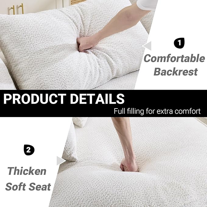 126.4 Oversized L-Shaped Boneless Sofa Deep Seat Sectional Couch with Curved Seat Design and 7 Pillows No-Assembly Chenille Sofa for Living Room Heavy-Duty Support（White）