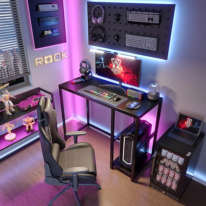 SINPAID Computer Desk 47 inches with 2-Tier Shelves Sturdy Home Office Desks with Large Storage Space Modern Gaming Desk Study Writing Laptop Table Black
