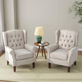 Accent Chair Upholstered Armchair with Button Tufted High Back &amp Solid Wood Legs Comfy Wingback Reading Single Sofa Chair for Small Spaces Living Room Bedroom (Beige Set of 2)