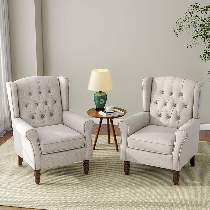 Accent Chair Upholstered Armchair with Button Tufted High Back &amp Solid Wood Legs Comfy Wingback Reading Single Sofa Chair for Small Spaces Living Room Bedroom (Beige Set of 2)