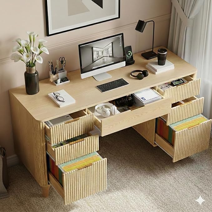 Wooden Desk with Drawers 55 Fluted Executive Desk with Storage Cabinet Wood Home Office Desk with File Cabinet Modern Computer Writing Desk for Study Living Room Bedroom