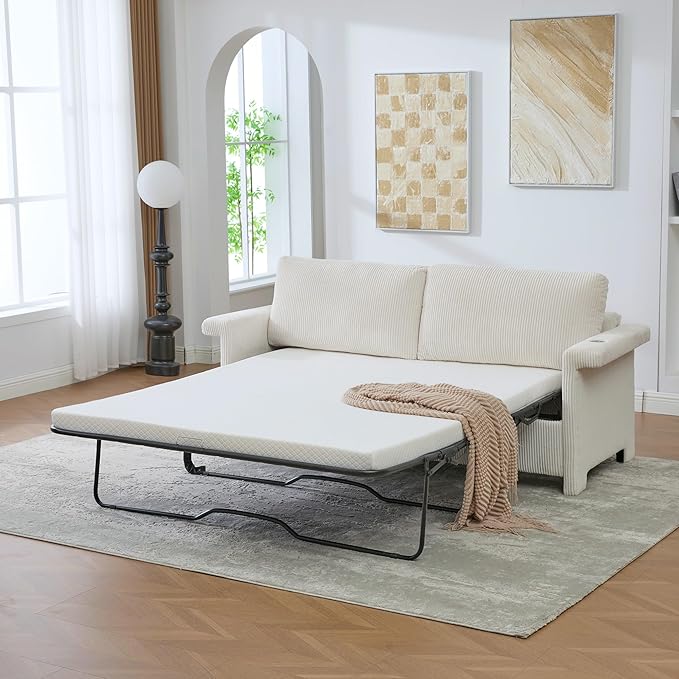 Full Size Sleeper Sofa Bed Pull Out Couch with Queen Size Memory Foam Mattress 2-in-1 Convertible Corduroy Loveseat Sleeper for Small Apartment USB Charging (Beige2)