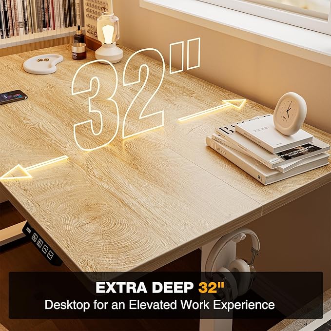 Grandder 47x32 Large Electric Standing Desk Height Adjustable Computer Desk with 2 Memory Presets 31.5 Deep Desktop Sit Stand Desk Home Office Desk Workstation Table with Hooks Oak