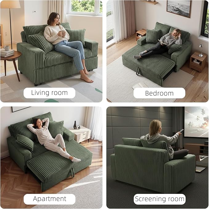 3 in 1 Convertible Sofa Bed52.8 Pull Out Couch with 2 Pillows and Side PocketsModern Corduroy Fabric Sleeper Loveseat with Adjustable Backrest for Living Room Bedroom Apartment (Green Corduroy)