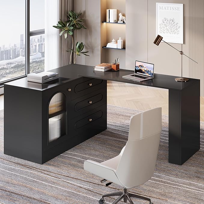 Tribesigns L Shaped Desk with 3 Drawers Reversible Corner Desk with Storage 360° Rotatable Study Table with Adjustable Shelves for Home Office Writing Table Workstation for Bedroom (Black)