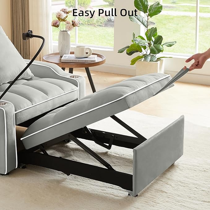 3 in 1 Convertible Sleeper Sofa Bed with Phone Holder 35'' Pull Out Sofa Bed Recliner with Adjustable Backrest Velvet Fabric Sleeper Couch Single Modern Chair for Small Space &amp RV Gray