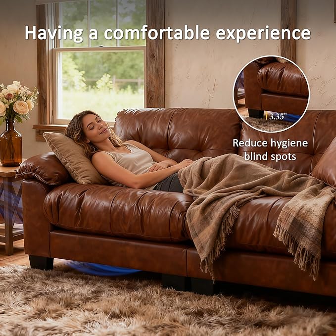 Faux Leather Sofa Mid Century Modern Deep Loveseats Comfy Cloud Couch Tufted Pillow Top Arm Furniture for Living Room Apartment Cognac Brown