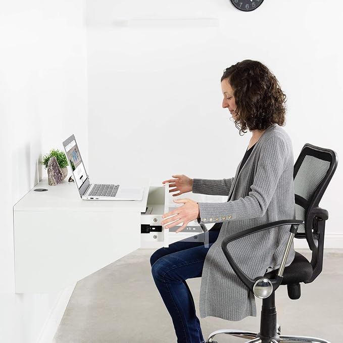 VIVO White Wall Mounted Desk with 28 inch Surface and Pull Out Drawer Floating Wall Organizer Under Storage Workstation DESK-SF01W