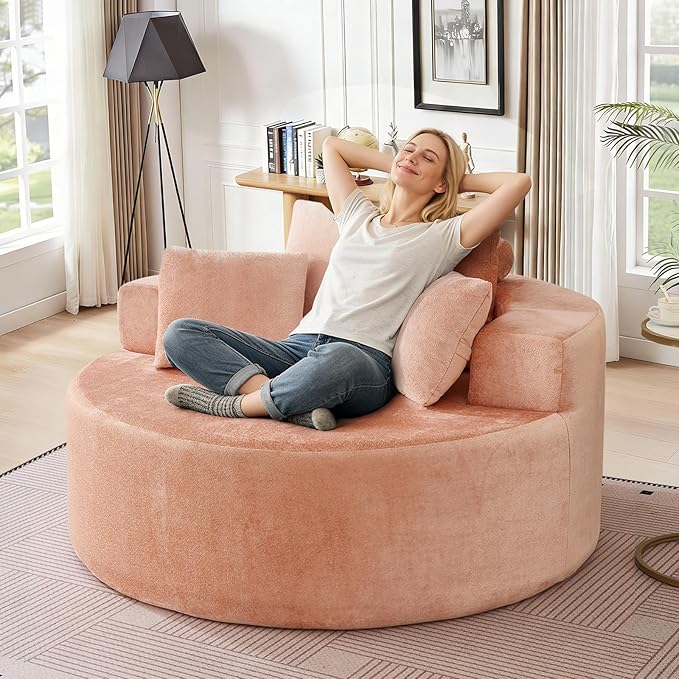Modern Round Accent Sofa Chair for Living Room Upholstered Soft Terrycloth Barrel Lounge Arm Chair with Large seat&ampThrow Pillows for Bedroom Office Apartment Pink