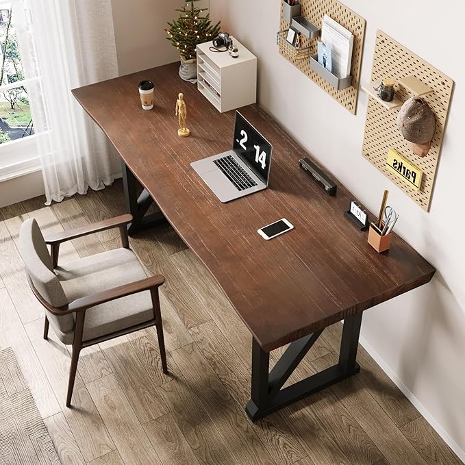 Solid Wood Desk 47 Inch Heavy Duty Business Desk Home Office DeskOffice Furniture Butcher Block Studio Desk Rustic Brown Desk （Table Thickness:1.96 inches）