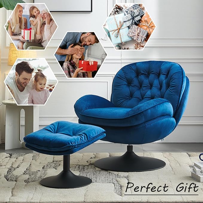 Swivel Accent Chair with Ottoman Set Velvet Modern Lounge Chair with Metal Base Frame &amp Footrest Comfy Lazy Single Leisure Armchair Reading Chair with 360 Swiveling For Living Room/Bedroom/Blue