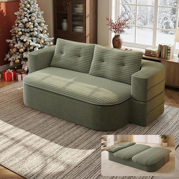 78.7'' Convertible Sleeper Sofa Corduroy Floor Foam Compression Loveseat Sofa Bed Couch Modern Folding Futon Couch Foldable Full Size Guest Bed with 2 Pillows and Blanket for Living Room (Green)