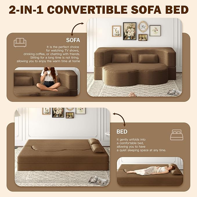 78 inch Memory Foam Couch Sofa Bed Convertible Folding Velvet Chenille Lazy Lounge Floor Full Size Sofabed Sleeper Couch for Small Living Room Apartment No Assembly (Camel Corduroy)