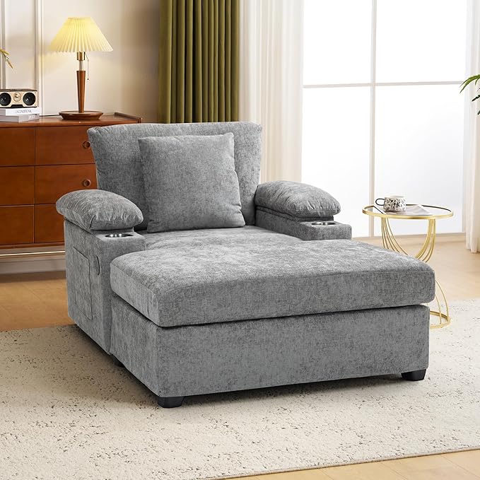58'' Chaise Lounge Chair Indoor Cloud Arm Chair with Ottoman Set Oversized Accent Chair with Ottoman Reading Chair with Cup Holders &amp USB Charging Ports for Living Room Bedroom (Grey)