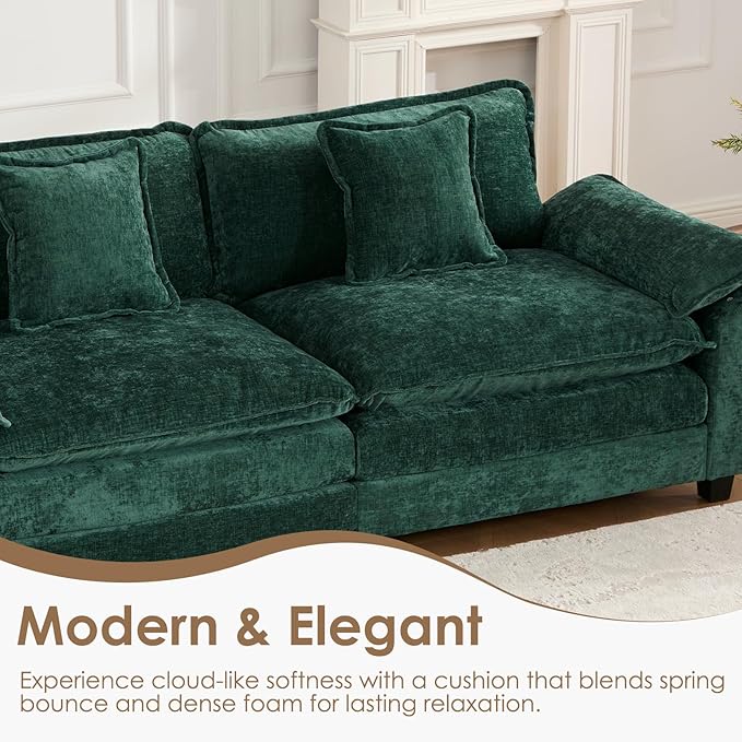 152.8 Modern Chenille Modular Cloud Sofa 4 Seater L Shaped Couch with Spring Cushions Featuring Deep Seats and Pillows Easy Assembly Comfy Large Sectional Couches for Living Room Green