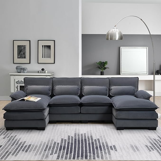 Modern U-Shaped Sectional Sofa with Waist Pillows6-seat Upholstered Sleeper Sofa Couch with Chaise Loungefor Living Room Office Apartment (Gray@Velvet)