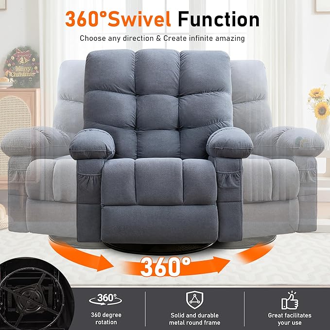 Swivel Recliner Chair for AdultsOversized Rocker Recliner with Vibration Massage and Lumbar HeatErgonomic Rocking Chair with Side PocketUSB Charge Port for Living Room