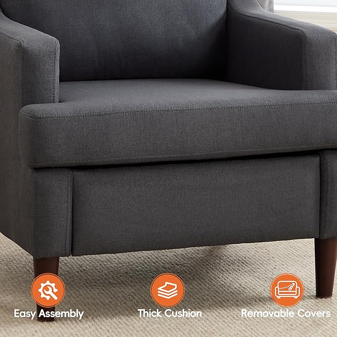 Mid-Century Accent Chair Modern Linen Fabric Armchair for Living RoomComfy Upholstered Reading Chairs for BedroomSingle Sofa Chair with Wood Legs (Darkgrey Set of 2)