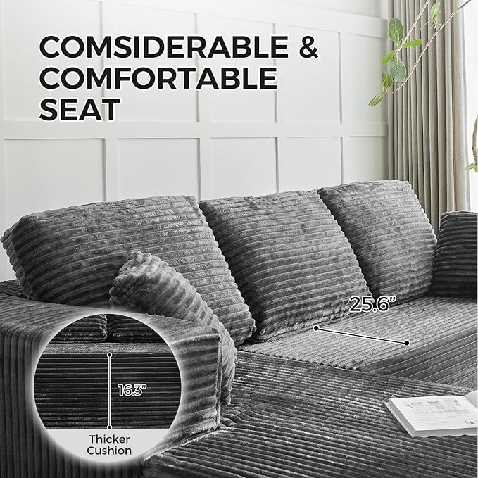 104 Cloud Modular Sectional Couch Comfort L Shaped Sofa with Deep Seat Modern Upholstered Couches for Living Room Bedroom No Assembly Required Grey (Plush Corduroy)