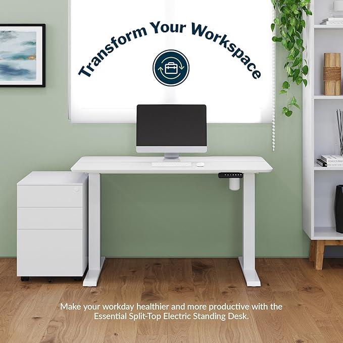 Vari Essential Electric Standing Desk for Home Office – 48x24 Sit-Stand VariDesk 4 Memory Height Presets 2-Piece Laminate Wood Top Sturdy T-Style Legs Supports 150 Lbs + Easy Assembly (White)