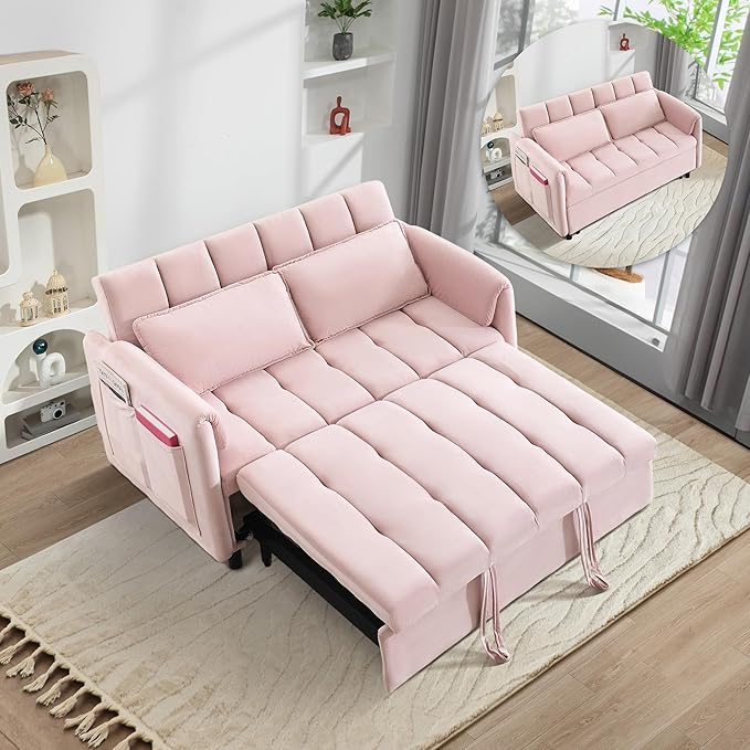 3 in 1 Convertible Sleeper Sofa Bed Modern Velvet Loveseat Pull-Out Couch Futon Love Seat Lounge Sofa with Pull-Out Bed &amp Adjustable Backrest and Side Pocket for Small Apartment Bedroom