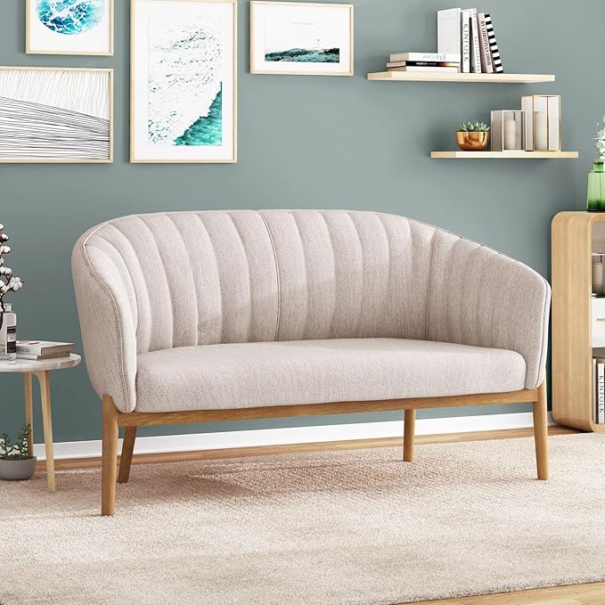 Beige Fabric Loveseat Sofa - Mid Century Modern Channel Stitched Design with Brown Rubberwood Legs for Living Room Bedroom Foyer