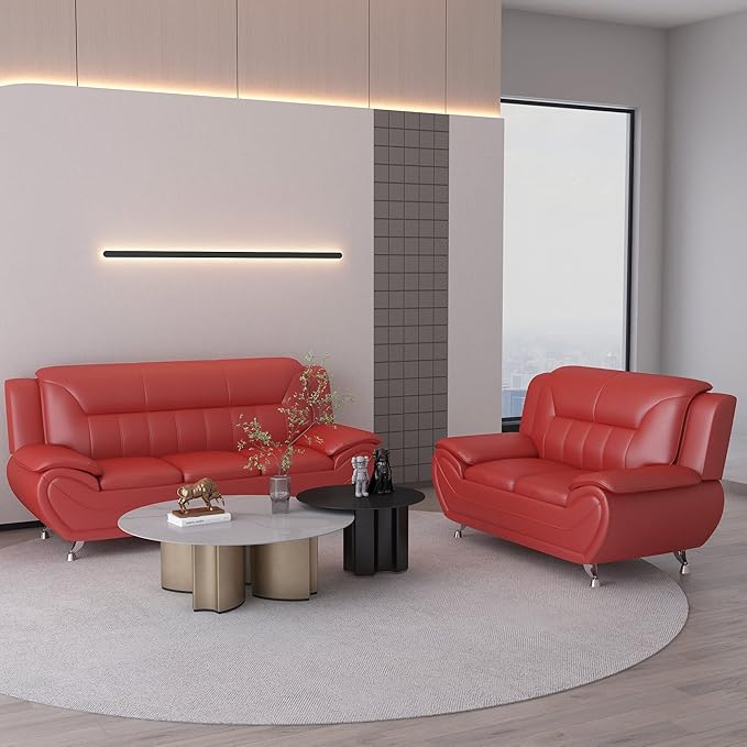 Michael Modern Faux Leather Upholstered Stainless Steel Legs Living Room Loveseat Persian Red