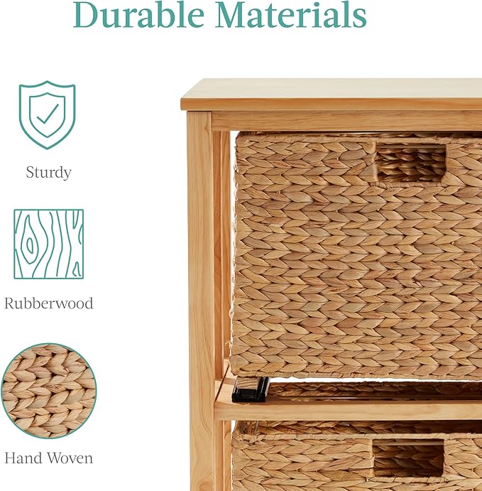 Best Choice Products Vertical Rolling File Cabinet Multipurpose Portable Water Hyacinth Basket Organizer for Home Office Workspace w/Rubberwood Frame Metal Sliders Locking Caster Wheels - Natural