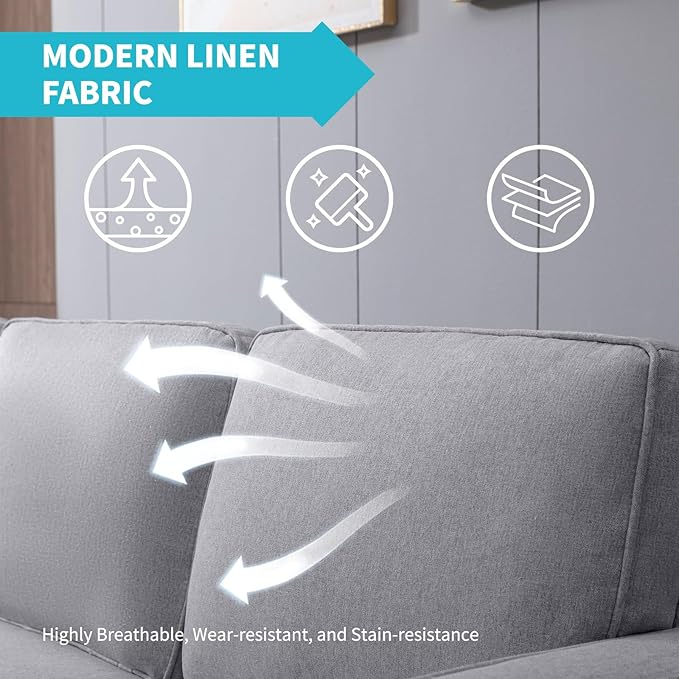 CECER 4 Piece Living Room Sectional Sofa Set with Ottoman and Side Pockets Modern Linen 6 Seaters Couch Set 3-Seater Sofa &amp Love seat &amp Armchair Set for Living Room/Office/Apartment - Light