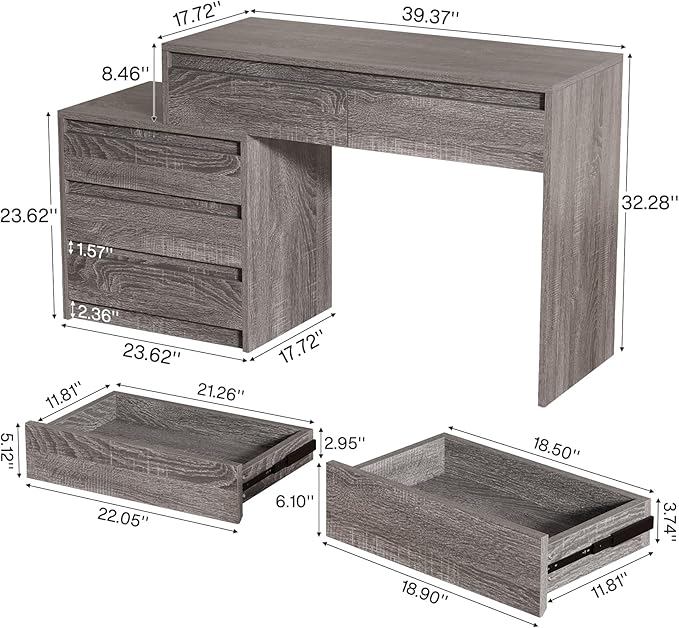 Tribesigns Computer Desk with 5 Drawers Executive Home Office Desk with File Cabinet and Printer Stand Industrial Rustic Wood Desk for Small Spaces Study Writing Workstation (Gray)