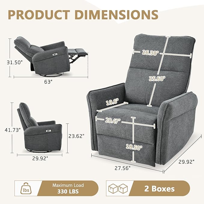 cinkehome Power Swivel Rocker Recliner with USB Overstuffed Electric Reclining Chair Snowflake Fleece Rocker Recliner for Nursery Living Room Bedroom