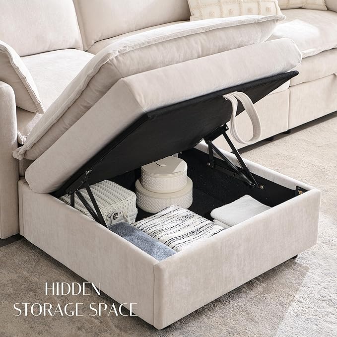 85.83 Sectional Couches for Living Room Cloud Couch Sectional with Large Storage Ottoman L-Shape Modular Sectional Sofa with 5 Seater Chenille Sofa and Pillow for Apartment Bedroom Beige
